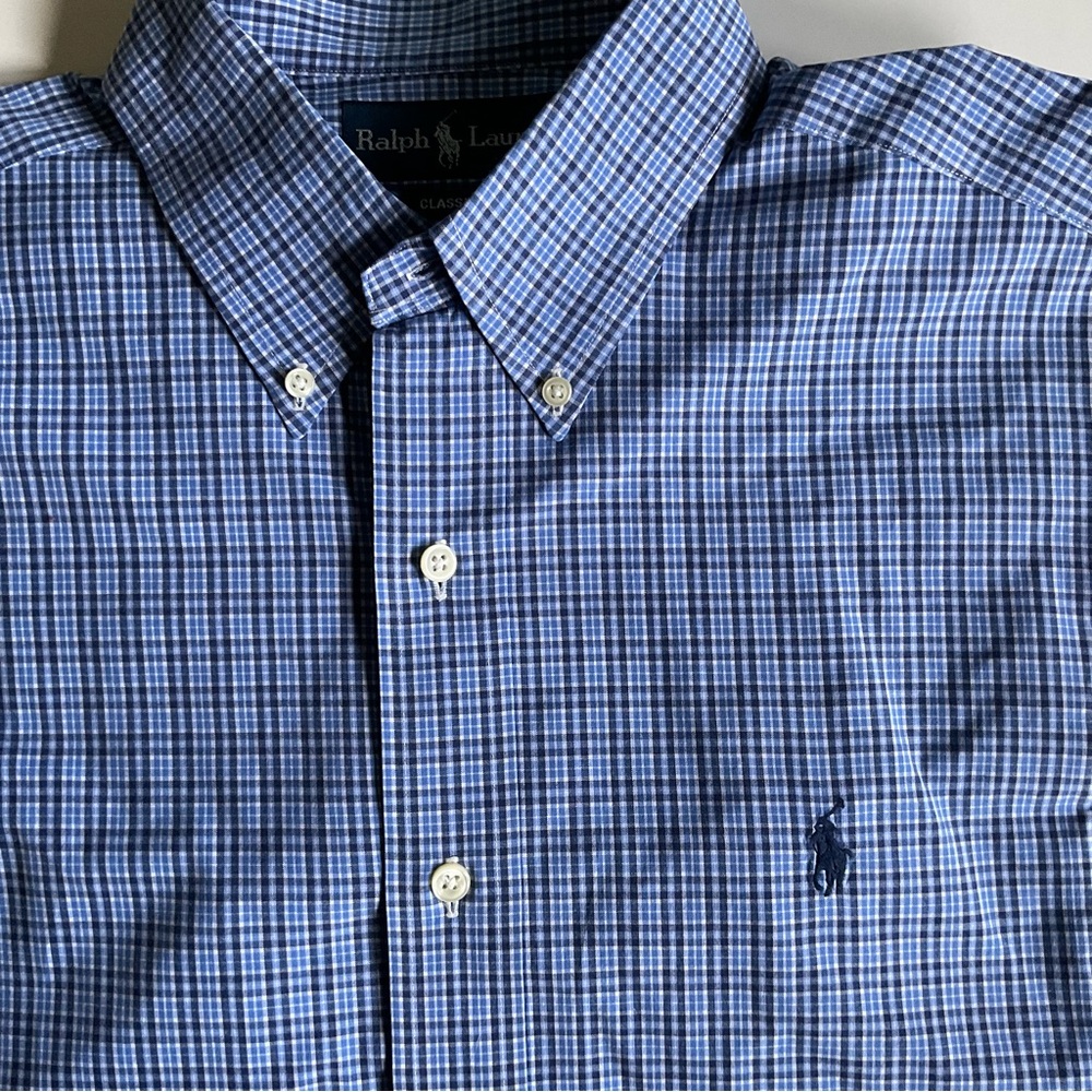 Ralph Lauren Classic Fit Polo Oxford Shirt Blue Check Button Front Mens Size L